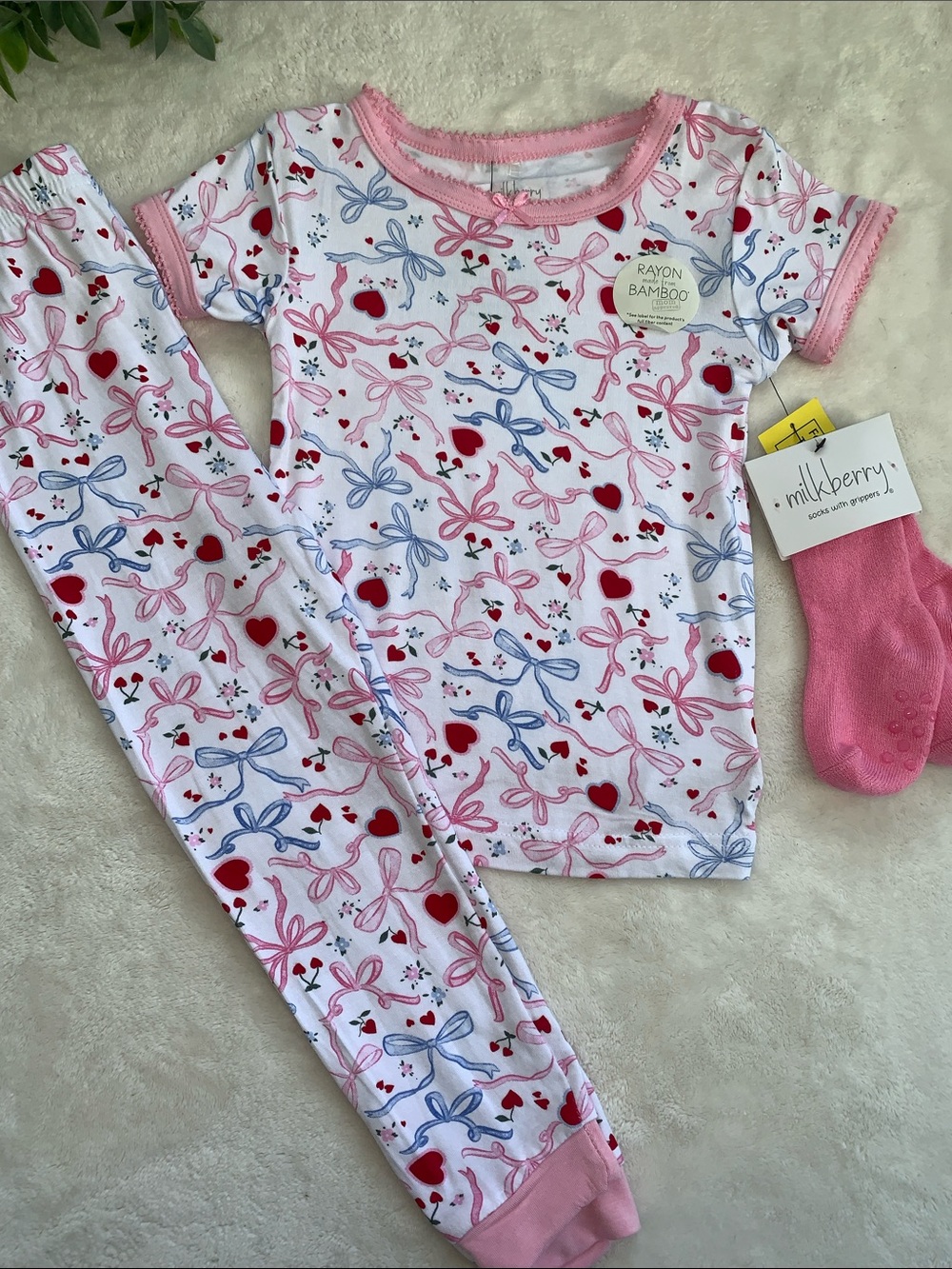 NWT Milkberry Pink Blue Bows & Hearts 3pc Pajama Set Loungewear 3T
